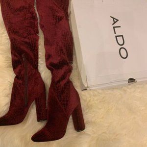 ALDO OVER THE KNEE VELVET BOOTS IN BURGUNDY